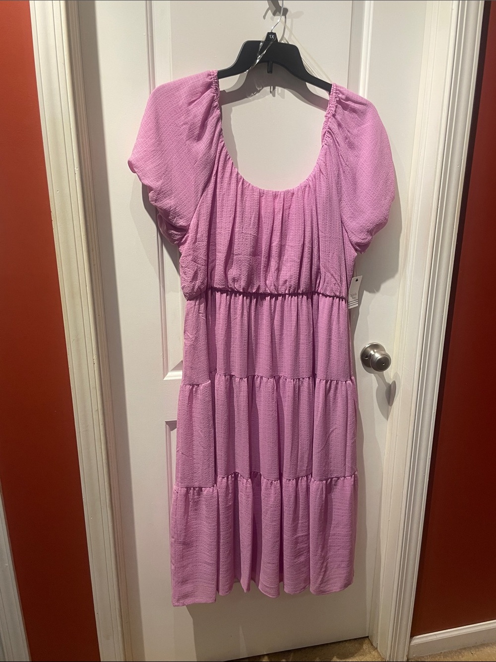 Pink Tiered Midi Dress with Puff Sleeves